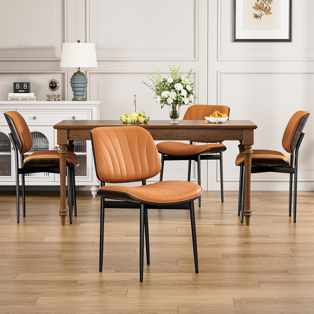 YaFiti Dining Chairs Set of 4, Mid Century Modern Dining Room and Kitchen Chairs, Upholstered PU Leather Chairs with Walnut Bentwood and Metal Legs, Orange