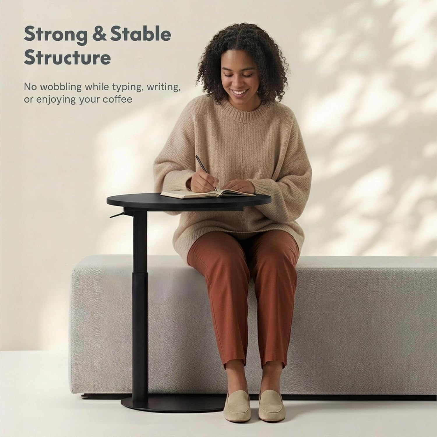 FLEXISPOT Adjustable Side Table, Round End Table for Couch & Bed, Stable & Space-Saving Bed Side Table with Effortless One-Hand Height Adjustment, Low-Profile Steel Base, Perfect for Small Spaces
