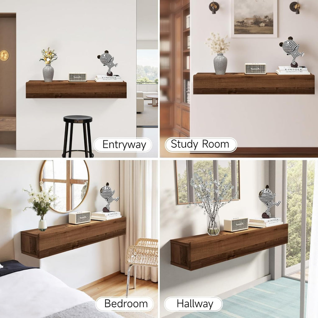 Floating Solid Wood Console Table, 47'' Wall Mounted Narrow Entryway Table with Storage Shelf, Modern Couch Shelves Small Entry Way Tables for Entryway, Front Hall, Hallway (Walnut, 47.24IN)