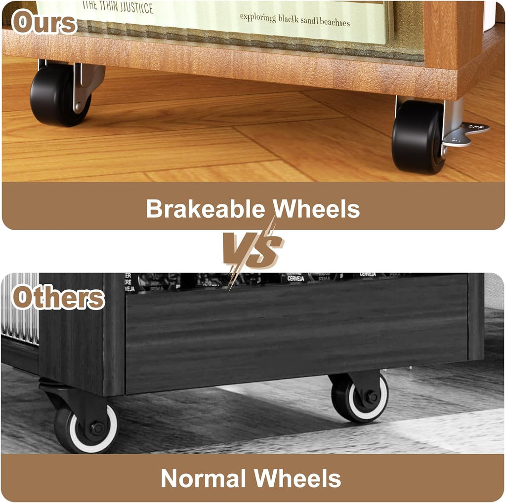 Narrow Side Table Slim End Table with Brakeable Wheels, 6 Storage Compartments & Removable Tray, Multifunctional Nightstand Bedside Table for Living Room Sofa Bedroom (Brown)
