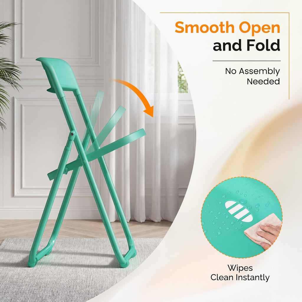 VINGLI Mint Green Plastic Folding Chairs Lightweight 6 Pack for Outdoor & Indoor, Portable Stackable Commercial Seat with Metal Frame for Events, Dinning, Wedding, Party, Office, Camping