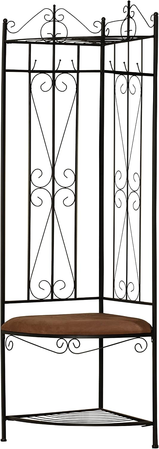 Kings Brand Black Metal Corner Entryway Hallway Rack with Bench & 6 Hooks