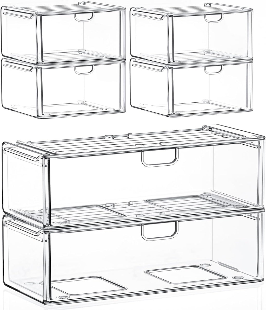 caktraie Acrylic Stackable Storage Drawers Set of 6, Clear Plastic Storage Drawer Organzier, Storage Organizer, Makeup Organizer,Ideal for Vanity, Bathroom,Cabinet,Pantry Organization