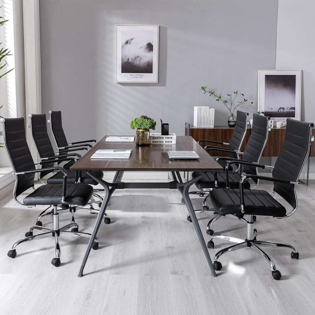 Office Desk Chair with Wheels Set of 8, Ergonomic Black Leather Conference Room Chairs Height Adustable | Ribbed High Back | Swivel Rolling Task Chair, Black