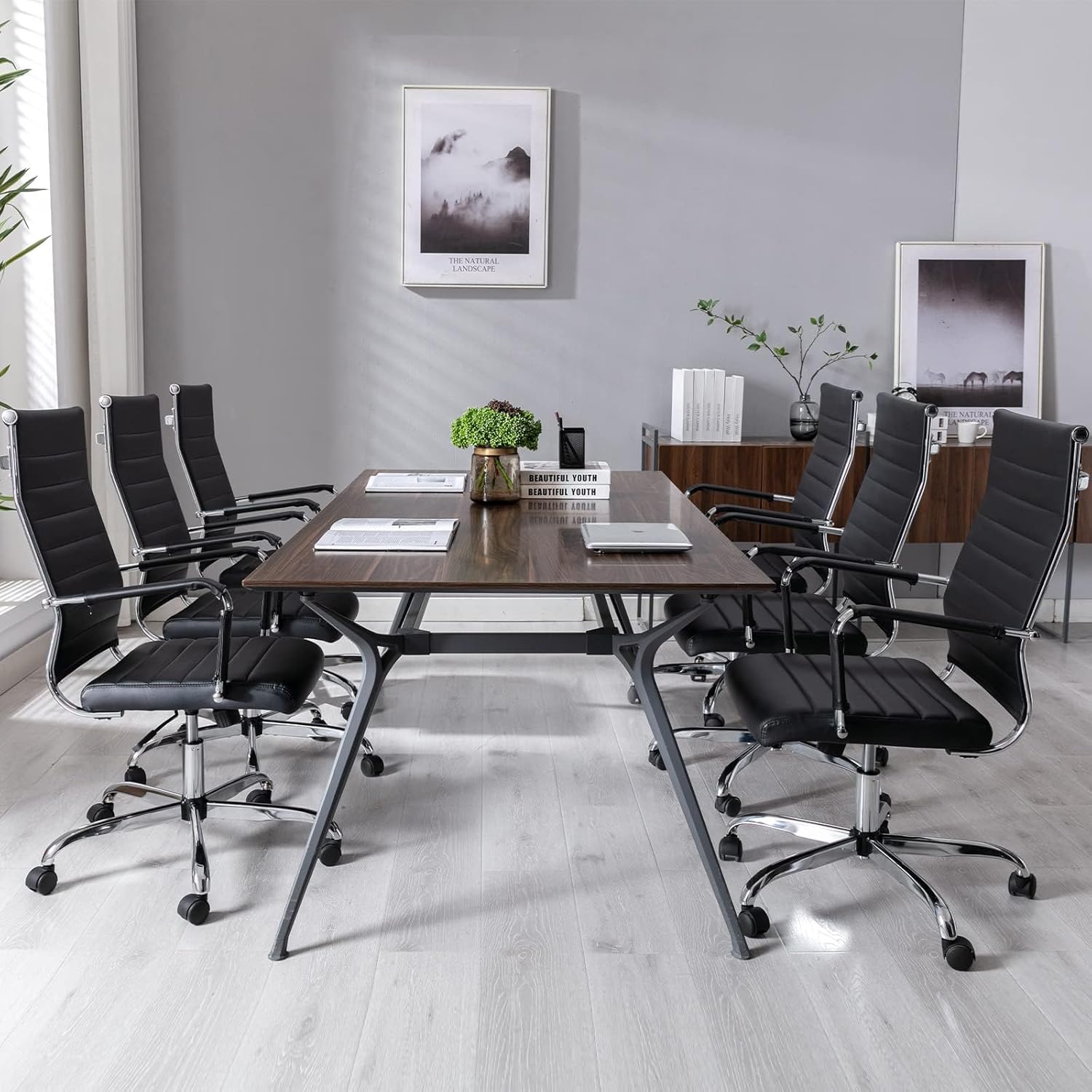 Office Desk Chair with Wheels Set of 8, Ergonomic Black Leather Conference Room Chairs Height Adustable | Ribbed High Back | Swivel Rolling Task Chair, Black