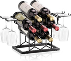 B4Life Countertop Wine Rack 3 Tier, Wine Rack with Glass Holder 8 Bottles, Freestanding Small Liquor Holder Metal, Tabletop Bottle Storage Stand for for Home, Kitchen, Bar, Cellar (Black, 8 Bottles)