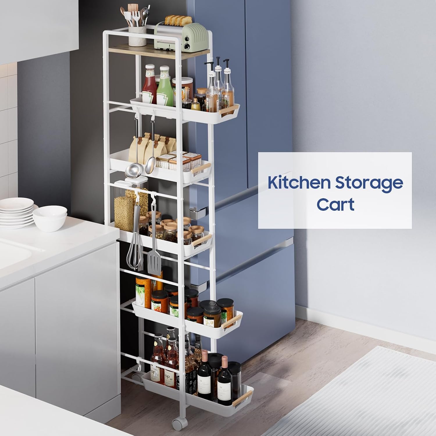 6 Tier Slim Storage Cart with Pull-Out Baskets Rolling Cart with Wheels Wood Top Narrow Utility Cart Metal Shelving Units for Pantry Laundry Room Bathroom Kitchen White 8in(W)