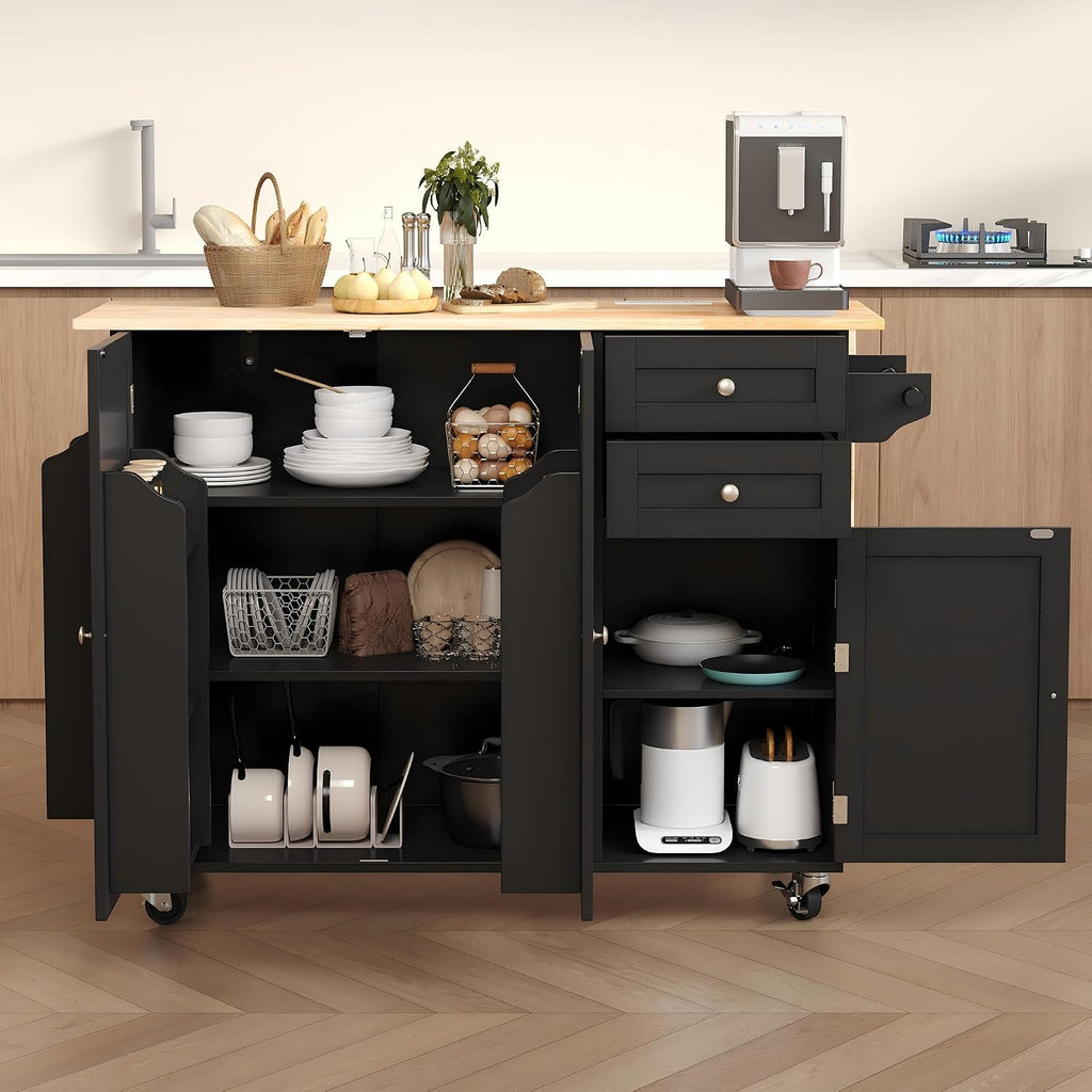 HOMREST 50.4" Kitchen Island with Drop Leaf & Power Outlet, Farmhouse Rolling Island Cart with 3 Spices Shelves on Wheels, Mobil Kitchen Island Table with Rubberwood Countertop Towel Rack, Black