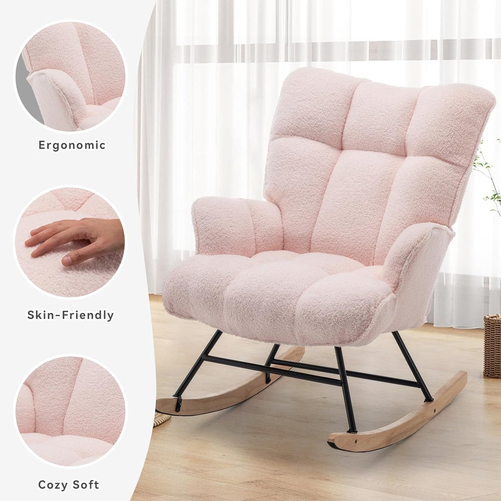 Rocking Chair Nursery Teddy, Upholstered Baby Fluffy Glider Rocker for Adults Indoor, Comfy Sherpa Compact Nursing Chairs for Small Spaces, Living Room, Classroom, Bedroom, Pink