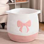 Large Baby Laundry Hamper, Pink Bow Laundry Basket for Baby Girl, Toy and Blanket Storage Basket for Nursery and Playroom, Cotton Rope Hamper for Kids, 17.7"x15.7"