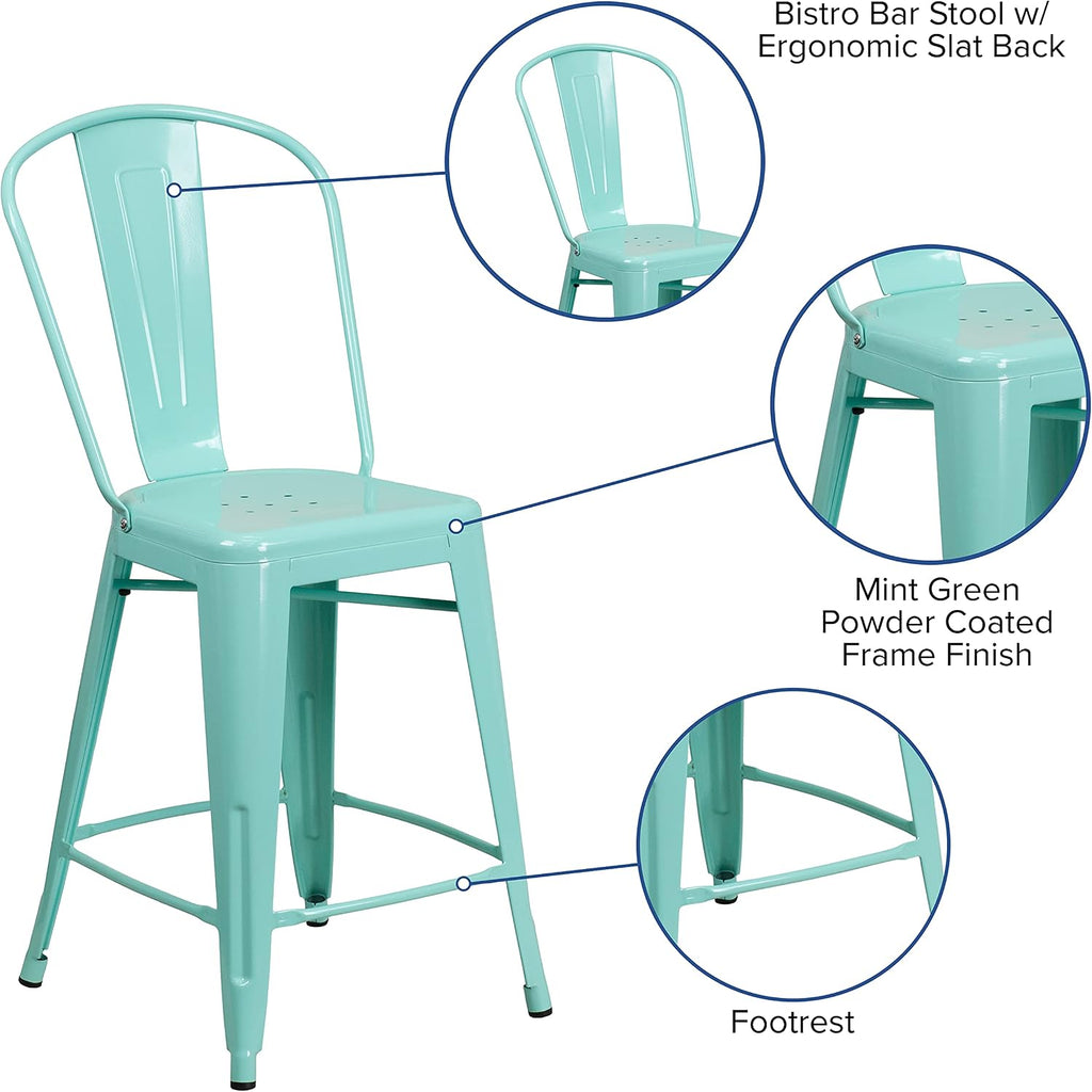 EMMA + OLIVER Commercial Grade 24" H Mint Green Metal Indoor-Outdoor Counter Stool w/Back