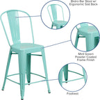 EMMA + OLIVER Commercial Grade 24" H Mint Green Metal Indoor-Outdoor Counter Stool w/Back