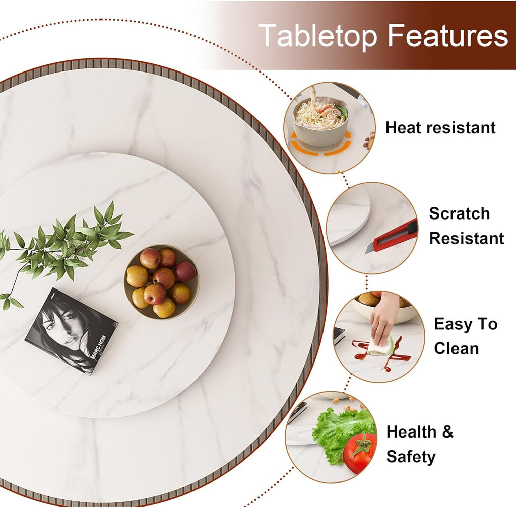 Montary 59" Modern Round Dining Table, Turntable Faux Marble Kitchen Table with Lazy Susan, Sintered Stone Tabletop Dining Room Table for 6-8 Person, with Black Metal Exquisite Pedestal