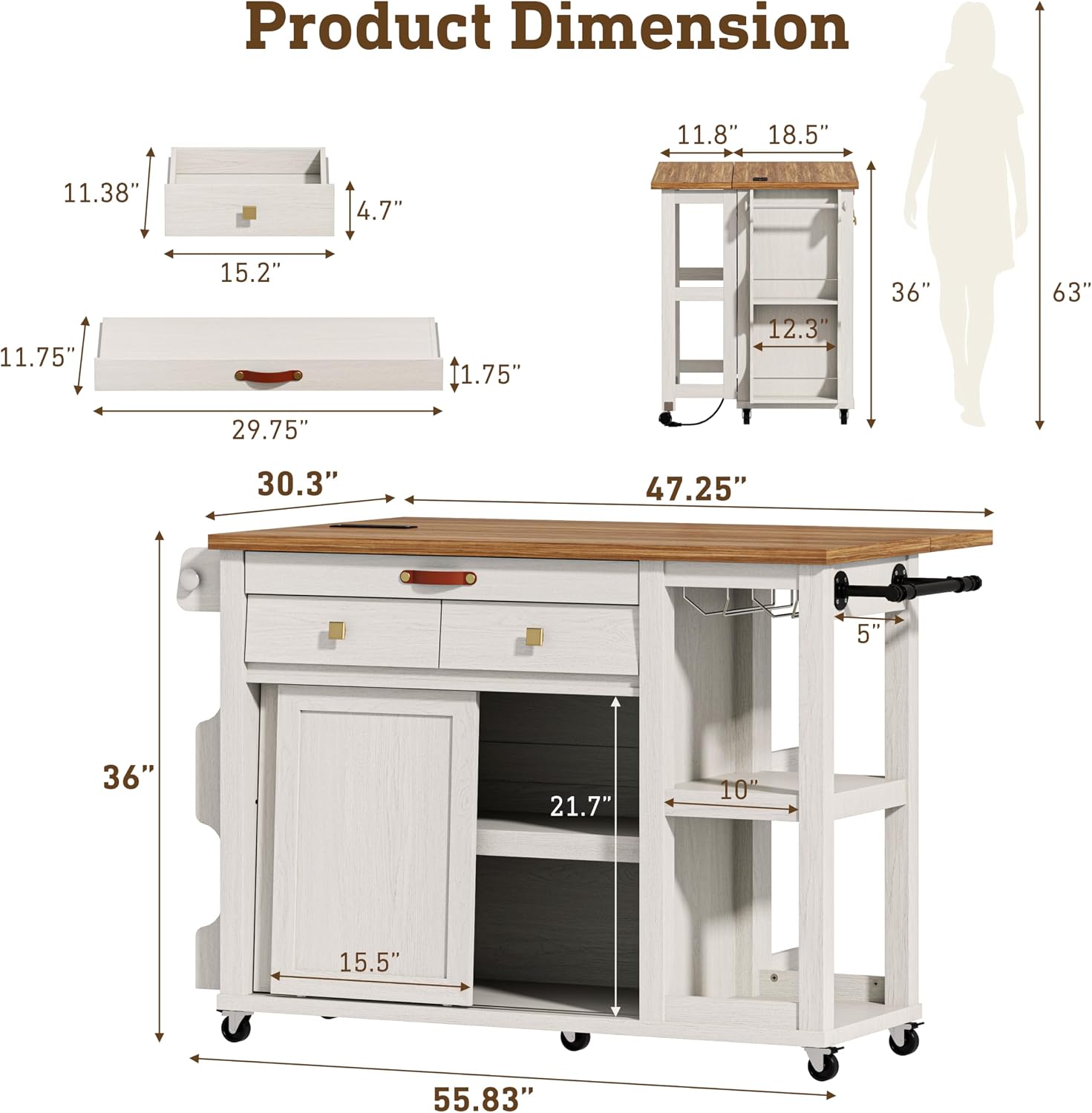 Kitchen Island with Storage Drawers & Charging Station & Drop Leaf | Rolling Kitchen Island Table on Wheels, Mobile Island Cart with Pull-Out Shelf, Spice Rack, for Dining Room (White)