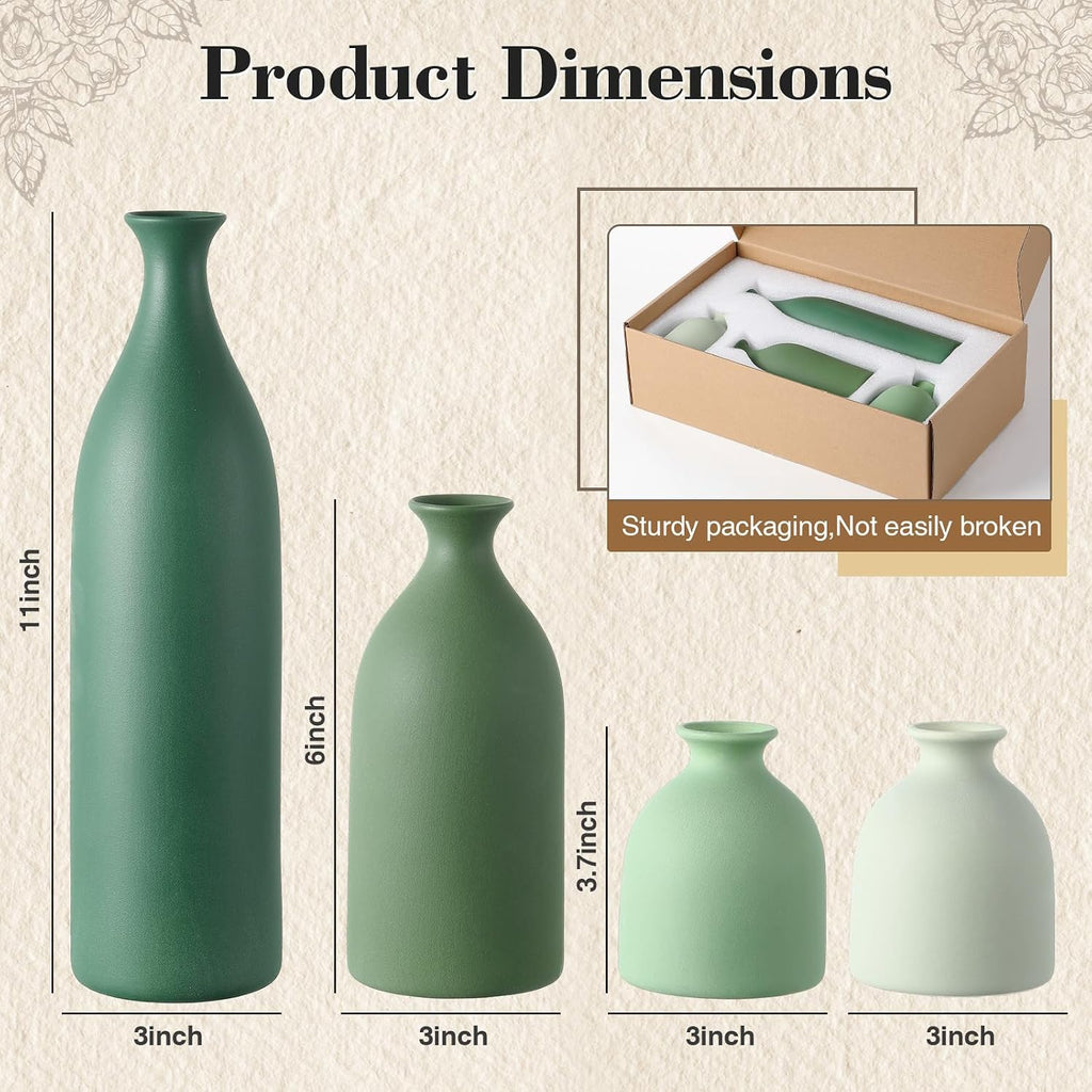 Dandat Green Ceramic Vase Set of 4, Modern Ceramic Vases Neutral Colors Farmhouse Table Centerpiece for Dried Flowers, Living Room, Kitchen, Bedroom