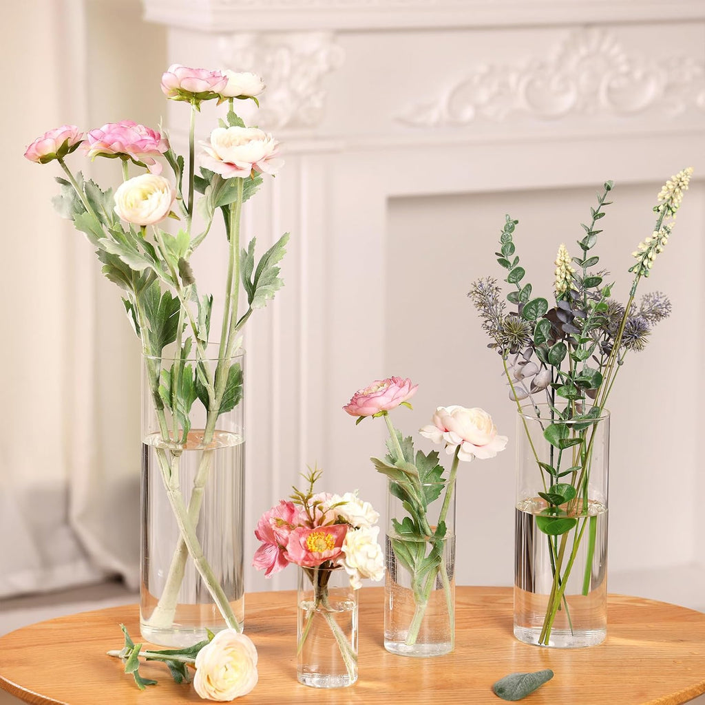 Fixwal 4pcs Clear Glass Cylinder Vases, 4, 6, 8, 10 Inch Tall Cylinder Vases for Centerpieces, Glass Flower Vase Floating Candle Holder Vase for Table Shelf, Party, Wedding, Home Decor