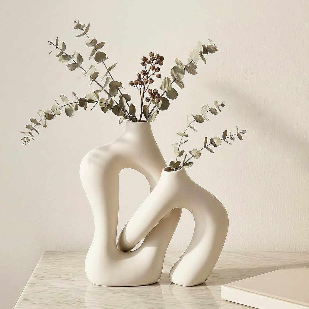Dowan White Vases for Decor,Hollow Ceramic Vase Set of 2,7.6" Nordic Modern Boho ins Style Decorative Ceramic Aesthetic Flower Vase for Home Decor Modern Minimalist Table, Entryway Centerpieces