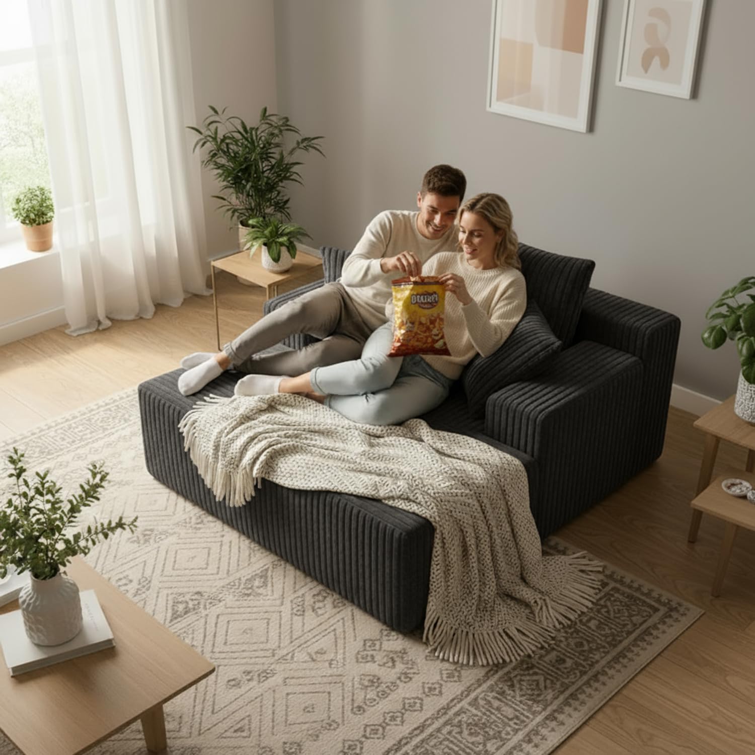 Sytopia Chaise Lounge with Armrests, Oversized Sofa Bed with 3 Pillows, Cozy Couch, Sleeper Reading Chair for Living Room Bedroom, Floor Sofa Corduroy, Furniture Sala, Volcanic Ash