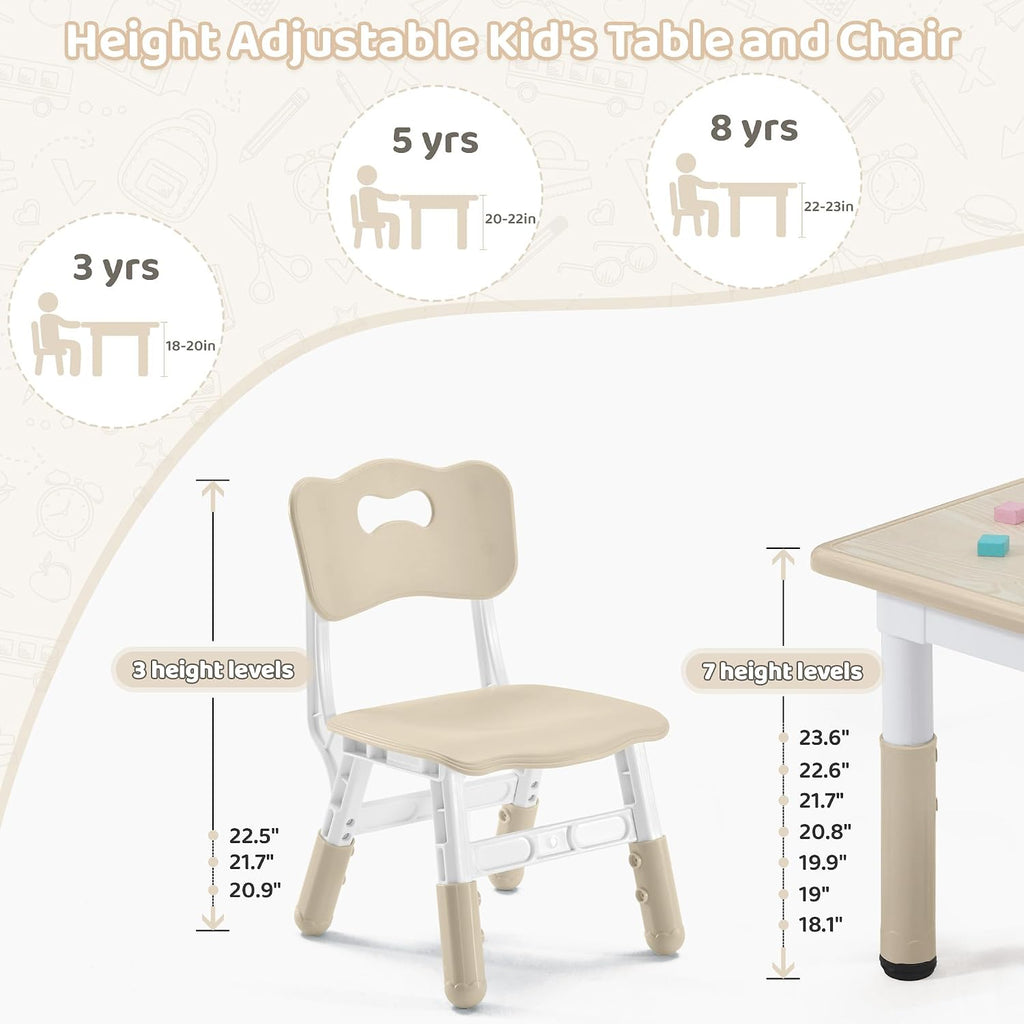 Adjustable Kids Table Chairs Set – Graffiti Desktop, Multi-Activity Height-Adjustable Toddler Study Desk for Ages 3-8 – Ideal for Home, Classroom, Daycare (W-Wood, 2 Chairs-23.6" L x 23.6" W)