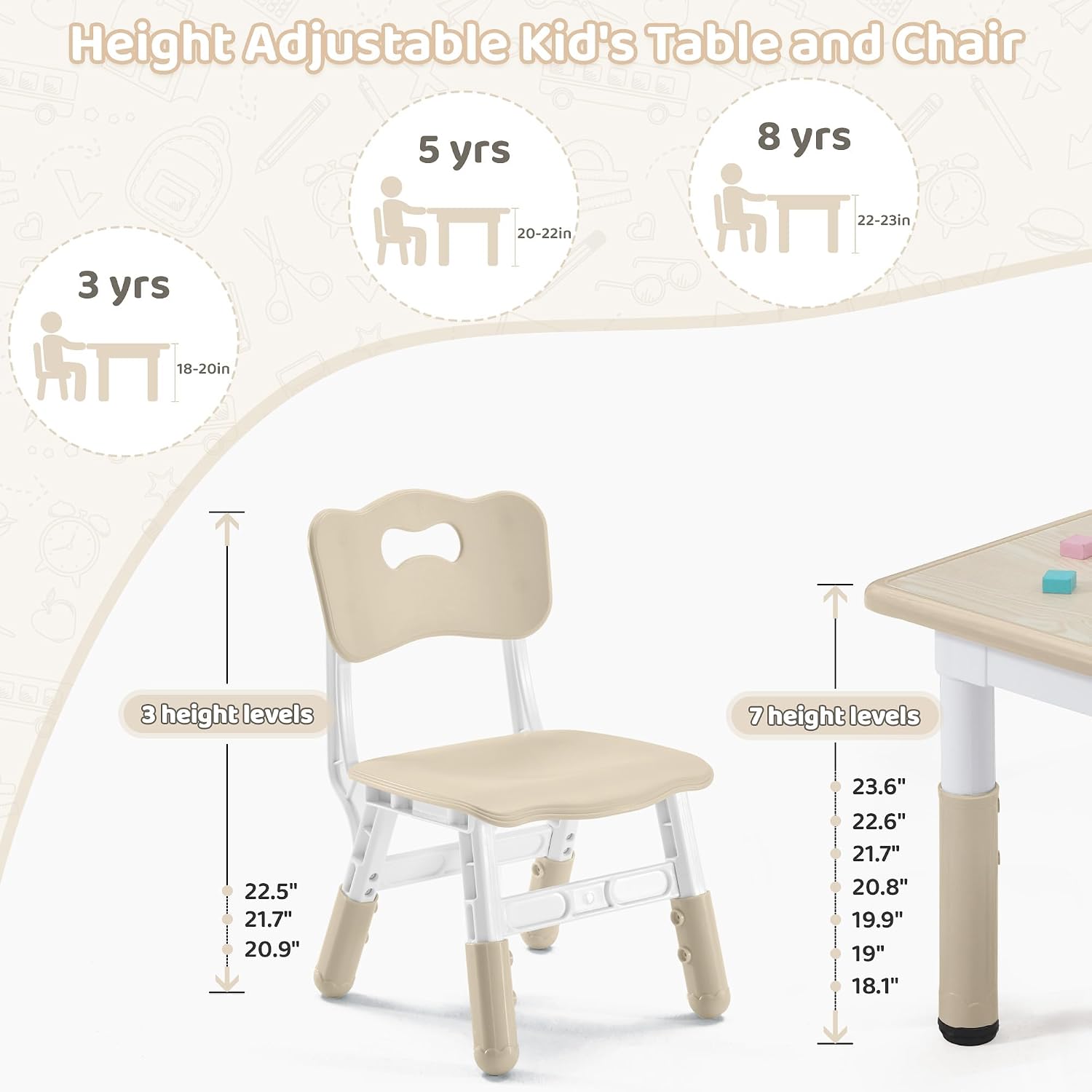 Adjustable Kids Table Chairs Set – Graffiti Desktop, Multi-Activity Height-Adjustable Toddler Study Desk for Ages 3-8 – Ideal for Home, Classroom, Daycare (W-Wood, 2 Chairs-23.6" L x 23.6" W)