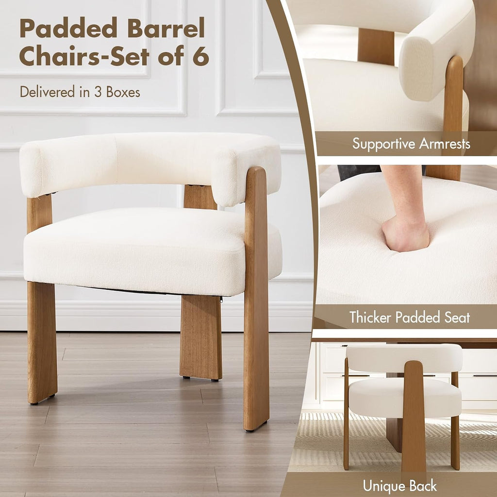 Hyfirm Set of 6 Modern Boho Barrel Dining Chairs with Wood Legs, White Upholstered Accent Armchairs with Thick Padded Cushion for Kitchen, Minimalist Natural Chic Chairs for Living Room