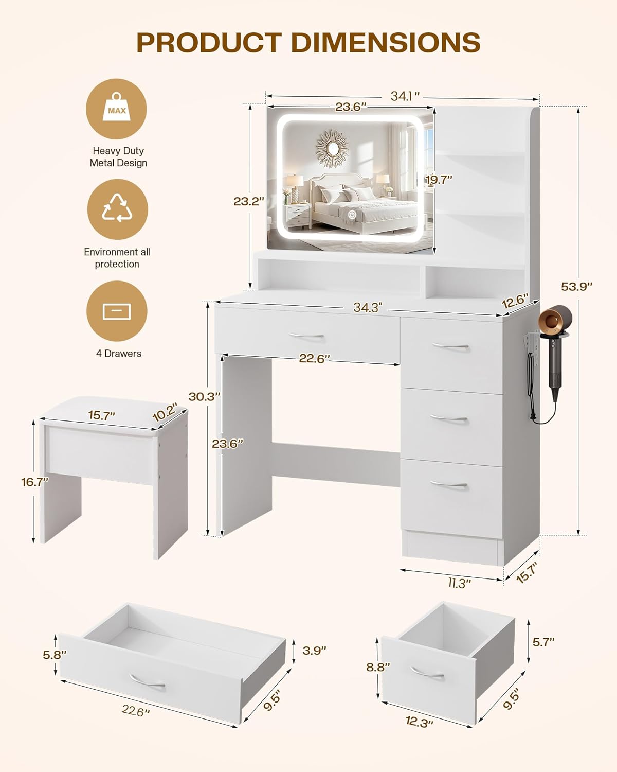 LIVELYGLOW Makeup Vanity Desk with Smart LED Mirror & Charging Station, 34.1" White Vanity Table Set with Cushioned Stool, 4 Drawers & Hairdryer Rack, Modern Bedroom Dressing Table-White