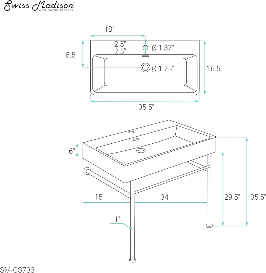 Swiss Madison Well Made Forever SM-CS733, Carre 36" Ceramic Console Sink In Glossy White Basin