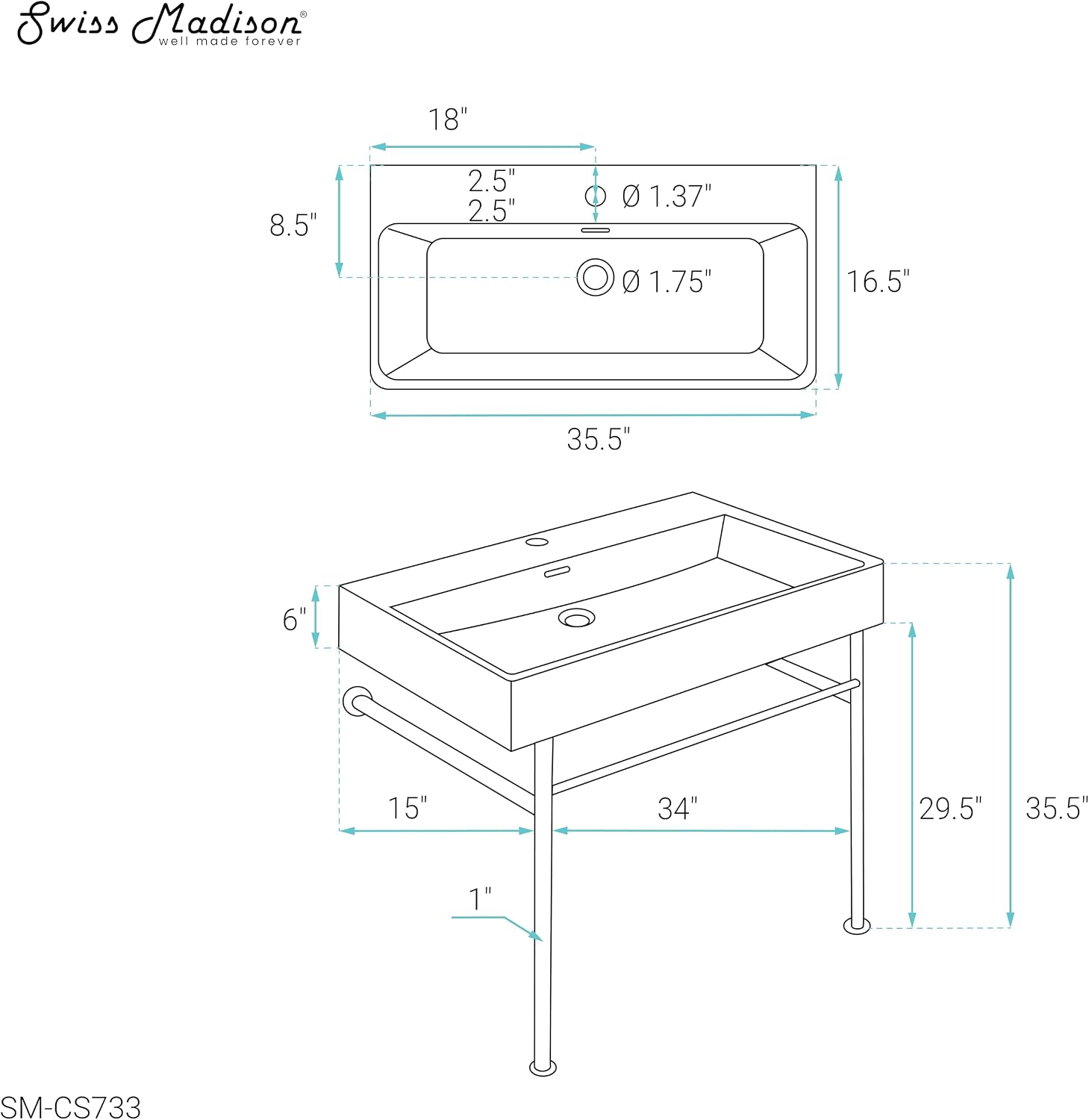 Swiss Madison Well Made Forever SM-CS733, Carre 36" Ceramic Console Sink In Glossy White Basin