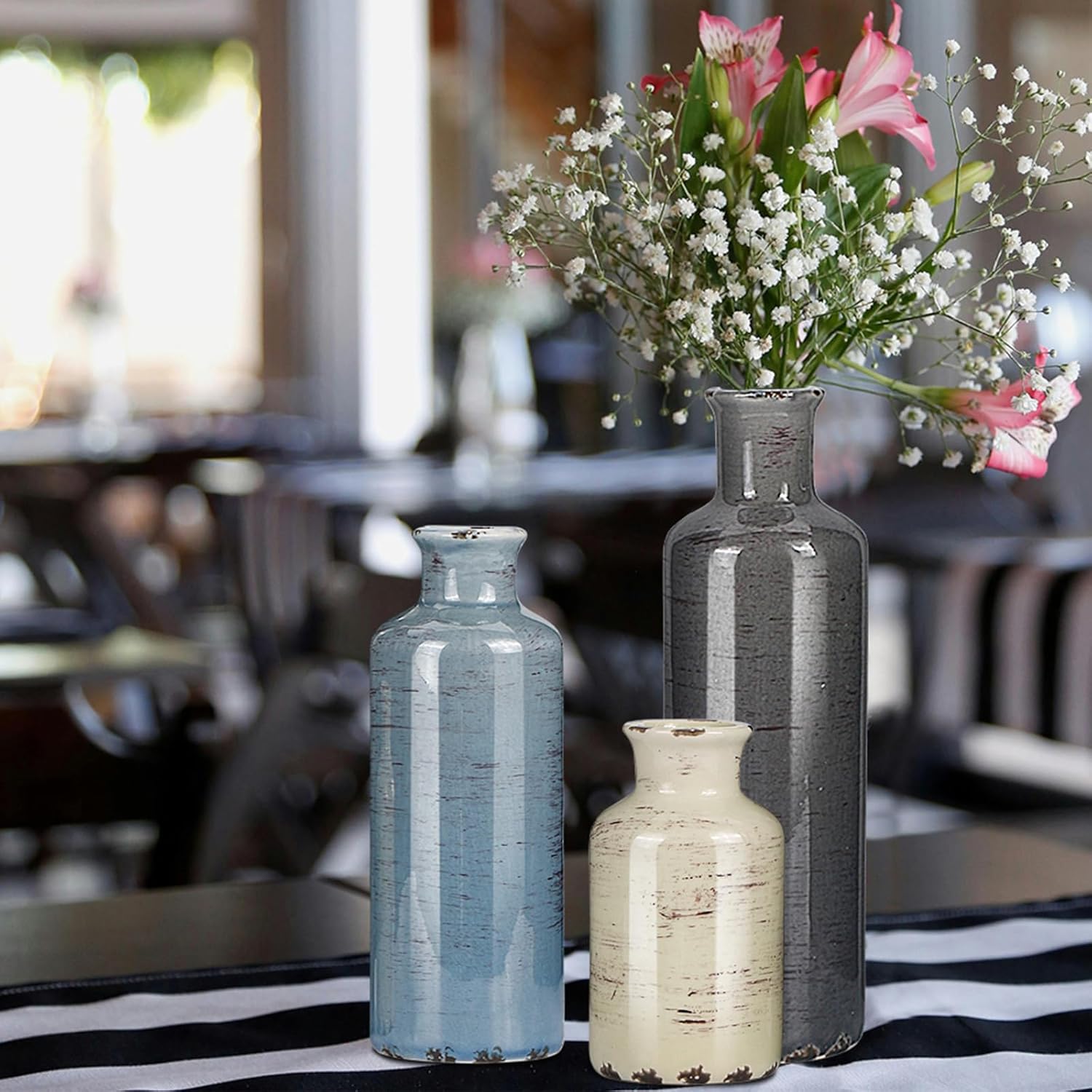 Ceramic Vase Set of 3, Small Flower Vase for Home Decoration, Rustic Farmhouse Table Shelf, Entrance Decor, Ice Crackle Vintage Vase for Living Room & Dining Table Centerpieces, Multicolor