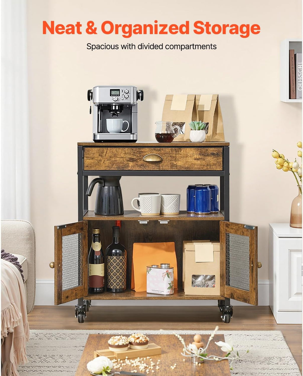 VEVOR Coffee Bar Cabinet, 24 Inch Farmhouse Bar Cabinet with Storage, Movable Coffee Table with Wheels & Mesh Door, Sideboard Buffet for Kitchen, Entryway