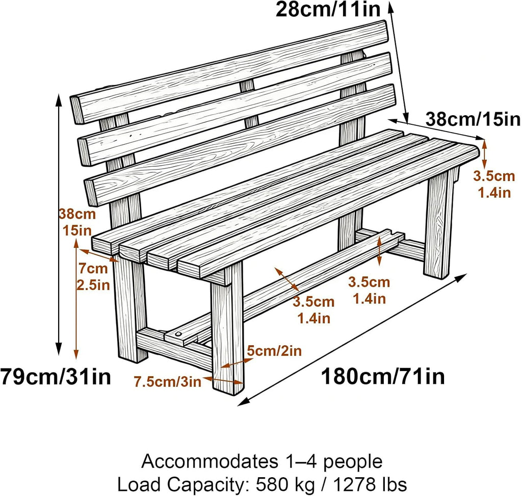 Solid Wood Outdoor Garden Benches with Backrests and Crossbeams, Capable of Supporting 1100 Lbs, Suitable for Porches and Terraces(Blue,180x38x79cm/71x15x31in)