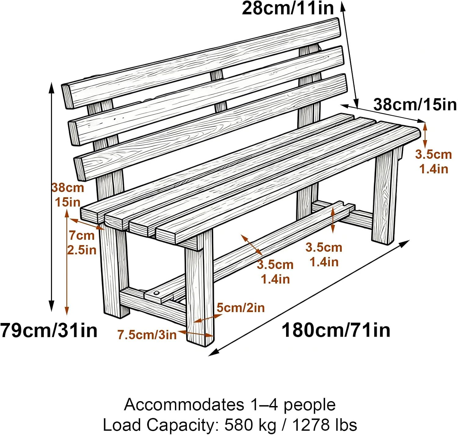 Solid Wood Outdoor Garden Benches with Backrests and Crossbeams, Capable of Supporting 1100 Lbs, Suitable for Porches and Terraces(Blue,180x38x79cm/71x15x31in)