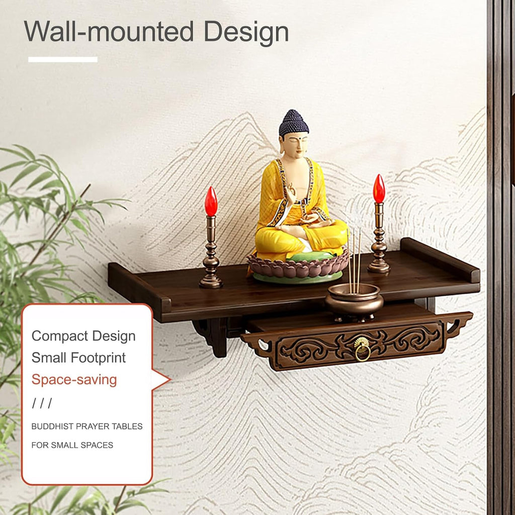 Prayer Altar Personal Shrine Stand Wall-Mounted Buddha Altar Shelf Stand, with Storage Tier, Antique Carving Buddha Offering Table(66cm/26in)
