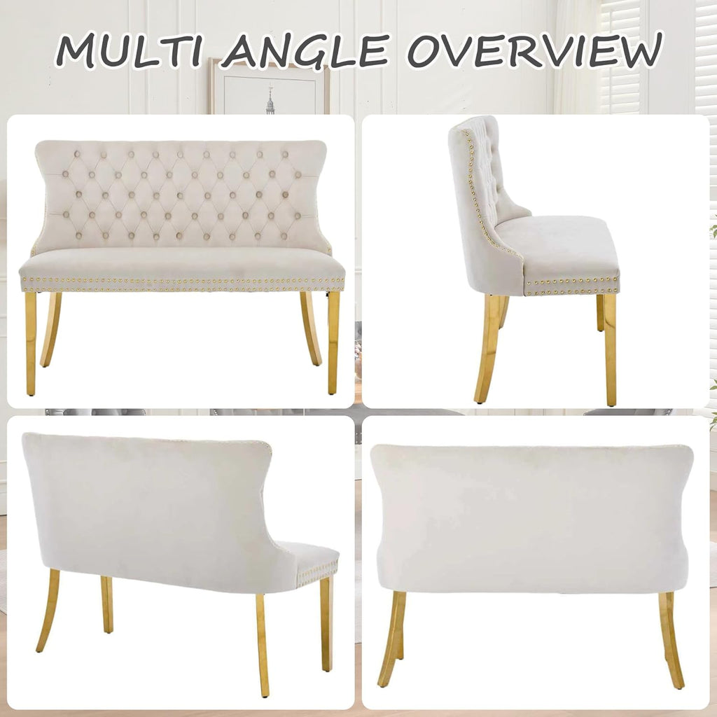 Velvet Upholstered Dining Bench with Back, 45.6'' Tufted Loveseat Bench with Gold Stainless Steel Legs, Mid-Century Modern Banquette Seating for Dining Room, Kitchen, Entryway, Beige