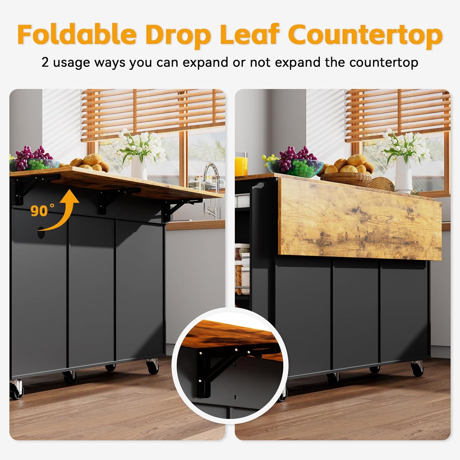 50.4" Kitchen Island with Storage,Rolling Kitchen Table with Power Outlet, Kitchen Island Cart with Folding Drop Leaf, Trash Storage Cabinet, Spice Rack, Towel Rack and Drawer-Black