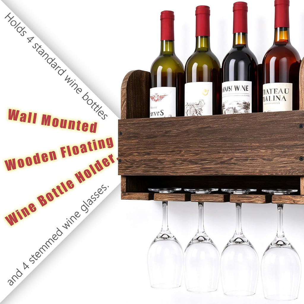 Wall Mounted Wooden Wine Rack with Glass Hanger | Wine Bottle Storage Shelf, Rustic Wall Wine Holder for Home Bar, Kitchen, Dining Room Farmhouse Decoration
