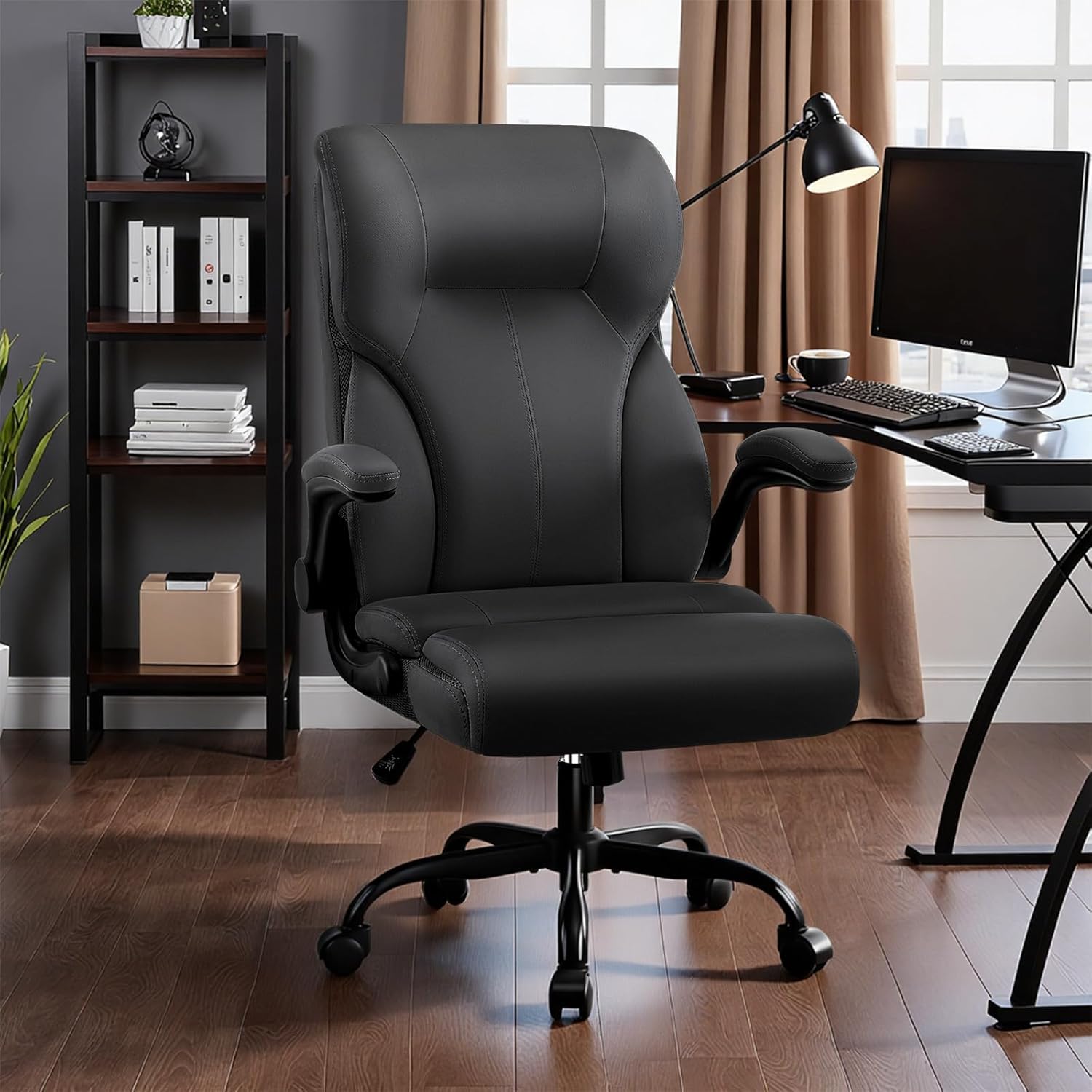 Executive Office Chair,High Back Ergonomic Comfy Desk Chair with Padded Flip-up Armrests and Wheels,PU Leather Heavy Duty Computer Swivel Rolling Task Chair for Home Office,Adults,Black