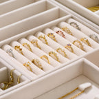Velvet Jewelry Drawer Organizer Trays – 4-Layer Stackable Jewelry Storage Inserts Set, Beige Jewelry Tray Set for Earrings, Rings, Necklaces, Bracelets with Removable Dividers for Dresser & Vanity