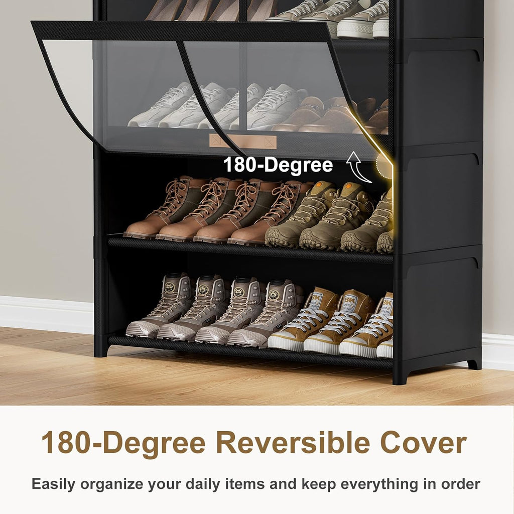 Shoe Rack, 7 Tier Shoe Storage Cabinet with Doors, 28 Pair Shoe Shelves Organizer for Entryway Closet, Plastic Shoe Shelf with Metal Frame for Bedroom Hallway, Black