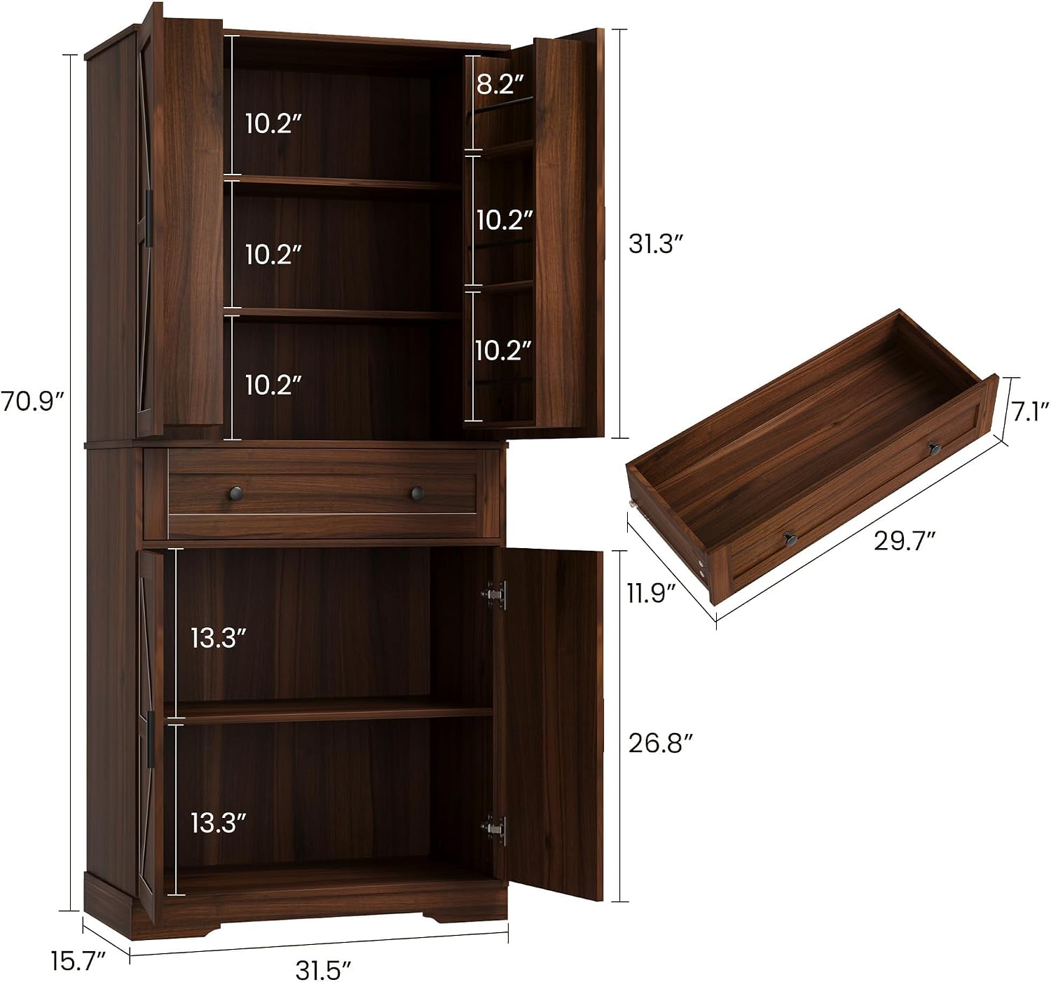 Garvee 71" Kitchen Pantry Cabinet, Barn Door Freestanding Cupboard with Drawer, Sliding Storage Rack, and 6 Hanging Shelves for Kitchen, Dining Room, Living Room Bedroom