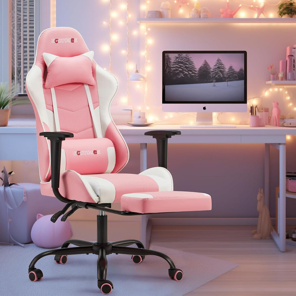 ECOTOUGE PC Gaming Chair Massage Ergonomic Office Desk Chair Racing PU Leather Recliner Swivel Rocker with Headrest and Lumbar Pillow, Pink-White