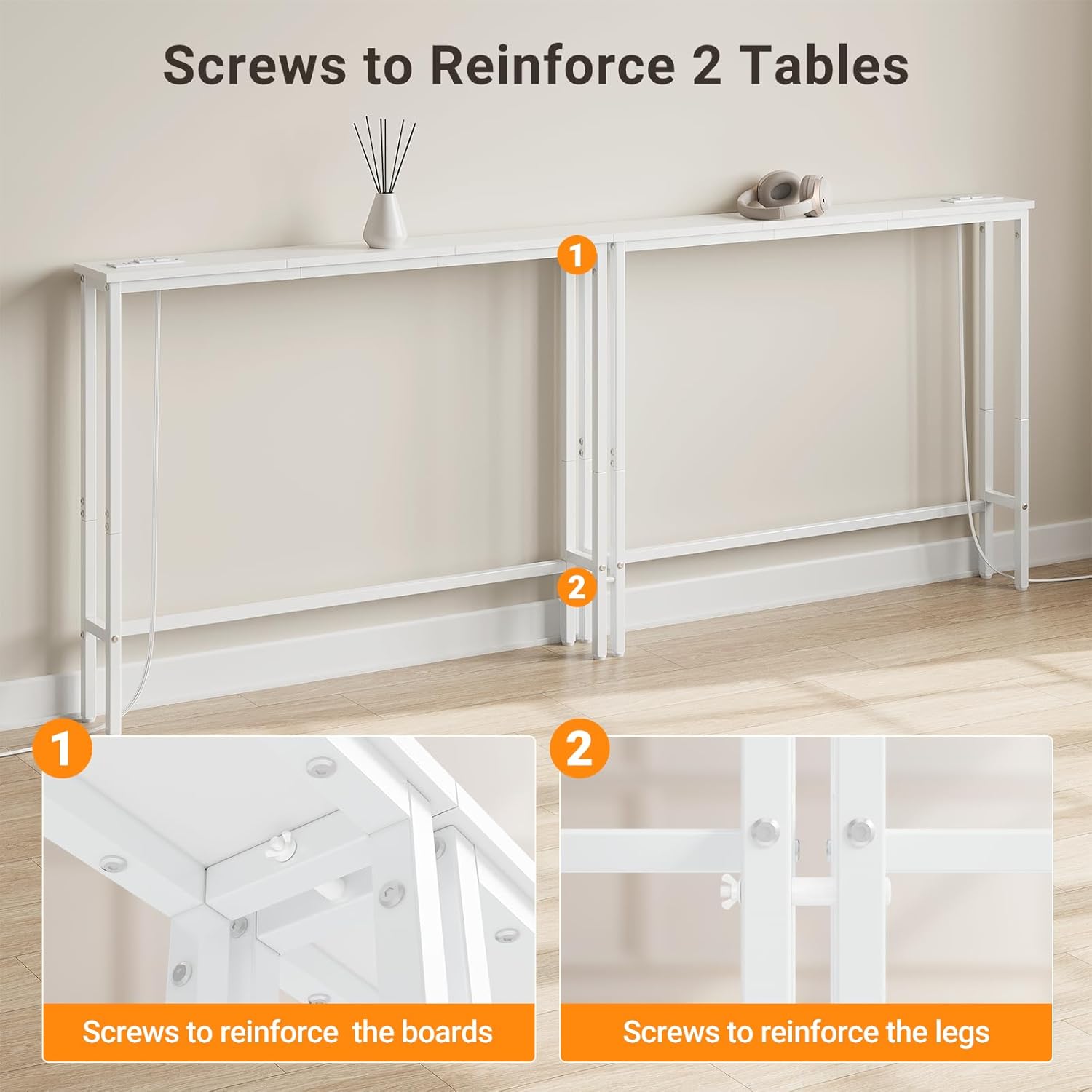 ELYKEN 5.9" Narrow Console Sofa Table with Power Outlets, Total 39.4” Long Behind Couch Table with Charge Station and 4.9’ Extension Cord for Living Room, 5.9" D x 39.4”W x 29.5”H, White