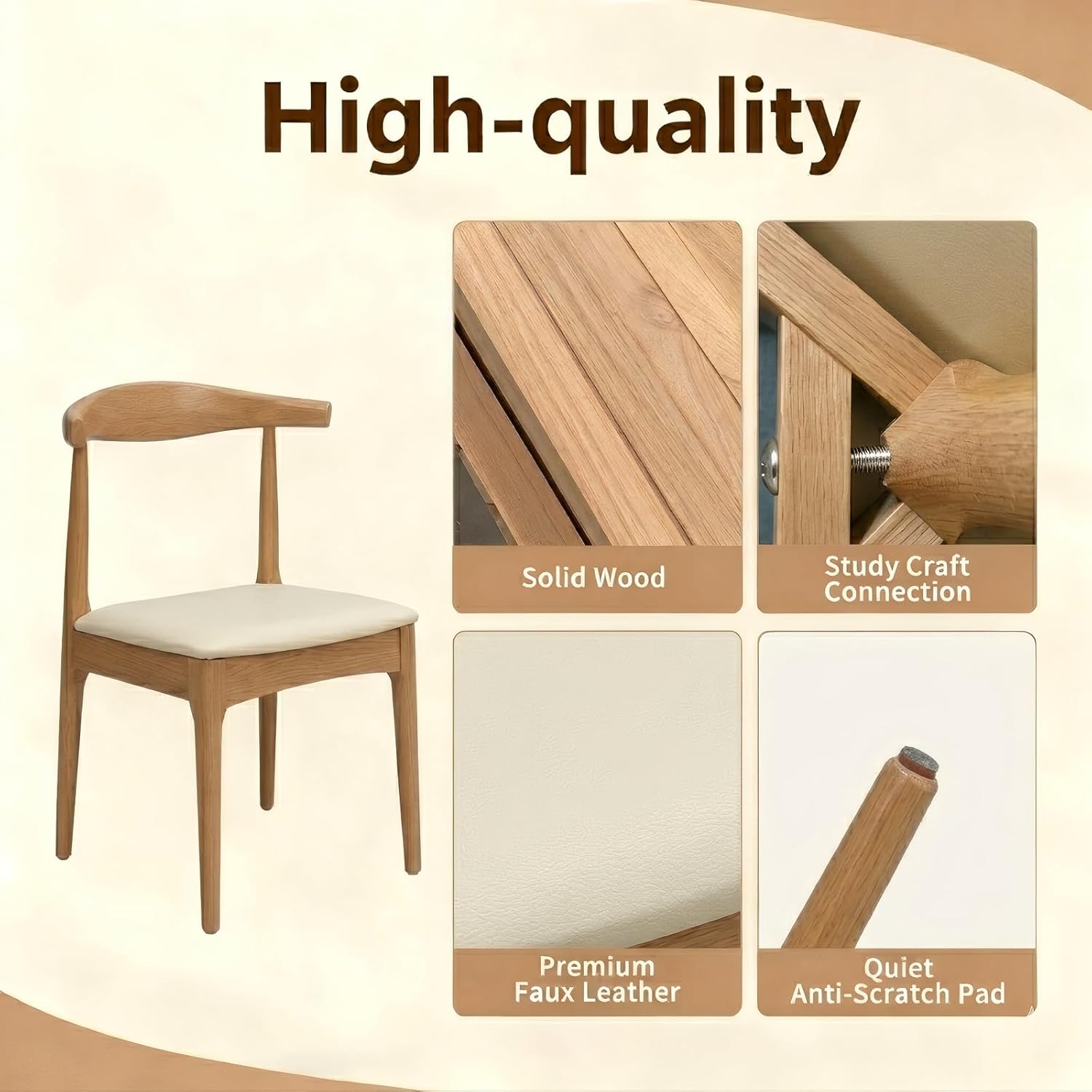 Solid Wood Dining Chairs Set of 2, Mid Century Modern Kitchen Chairs with Leather Upholstered Seat, Elegant Natural Wood Side Chairs for Dining Room, Kitchens,Restaurants, cafes