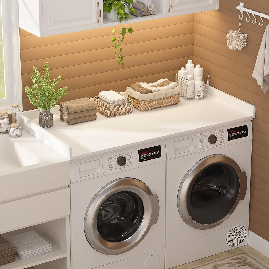 Aheaplus Washer and Dryer Countertop, Laundry Room Organization with Non-Slip Pads, Wood Shelf Topper with Round Corner Edge Rails, Folding Organizer for Laundry, 54" W x 27.5" D, White