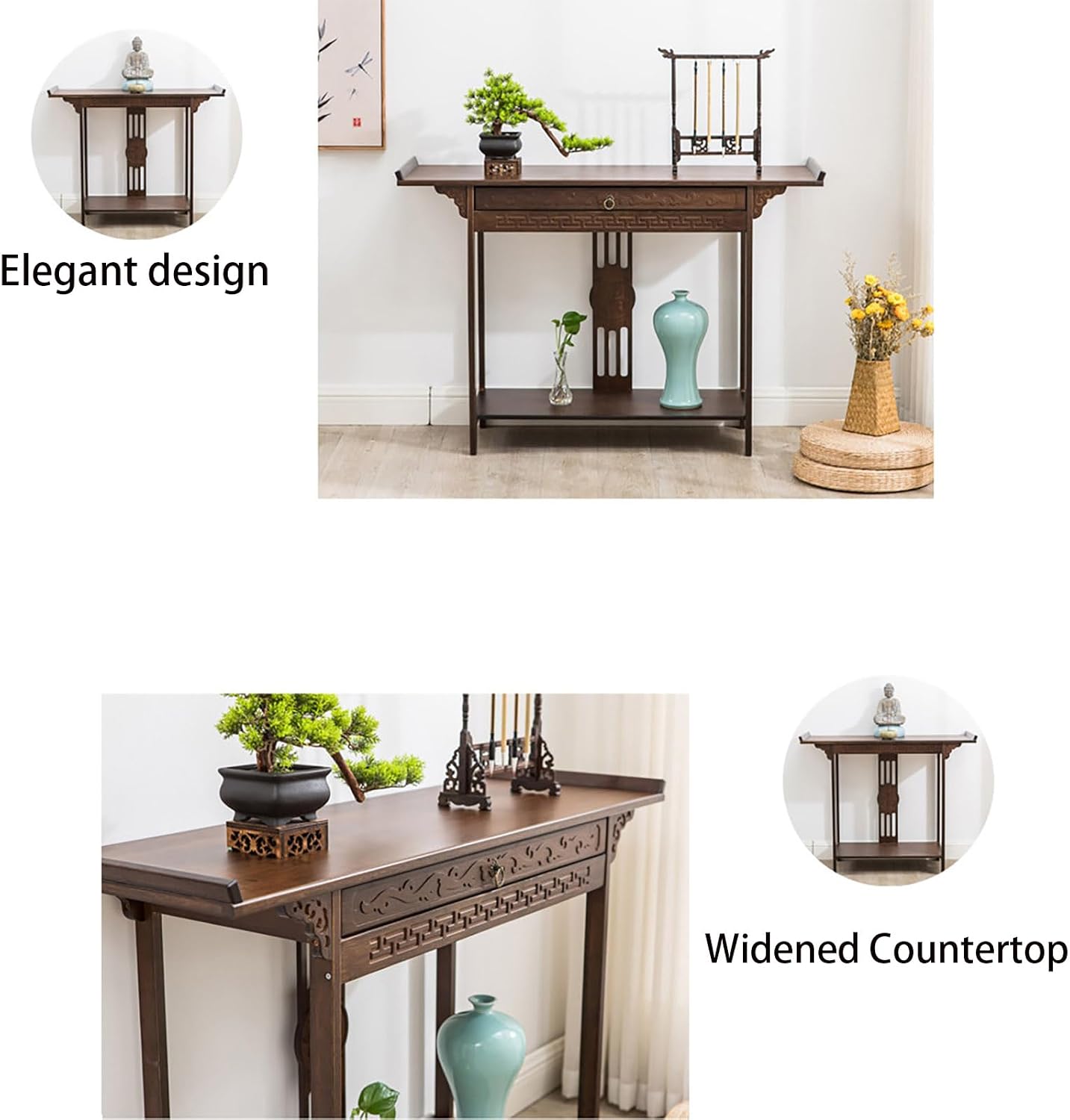 Altar Table Personal Meditation Shrine,with Storage Pooja Cabinet Altar Supplies,Retro Chinese Style Pooja Mandir,for Pooja and Incense Tribute Walnut 31.5 x 15.7 x 31.5in