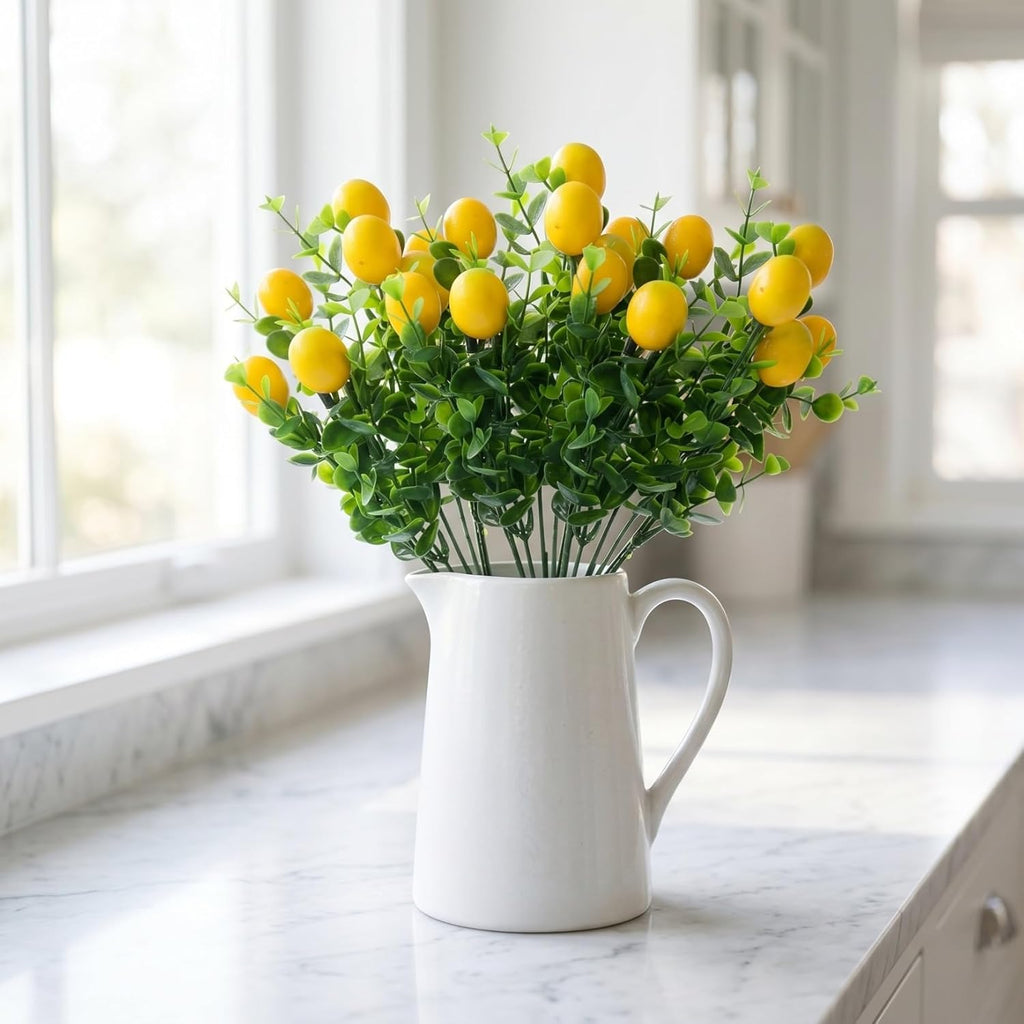 Cabilock 8pack Fake Lemon Branches Artificial Yellow Faux Lemons Decorations Eucalyptus Leaf Stems Tables Centerpiece for Kitchen Stem Fruits for Home Spring Summer Party Decor