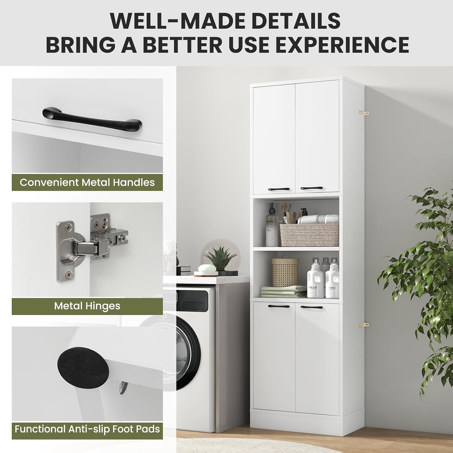 TANGZON 190CM Tall Kitchen Cupboard, 4-Door Storage Cabinet with Enclosed Cabinets, Open Compartments & Anti-tipping Kits, Freestanding Wooden Tall Sideboard for Pantry Dining Living Room (White)