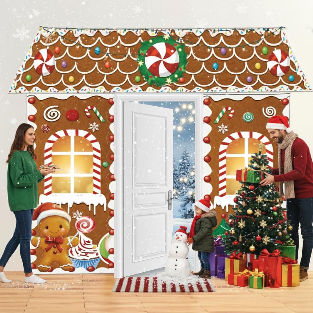 Christmas Decorations Gingerbread Man Scene Gingerbread Man House Backdrops Long LED String Light Candy Stickers Christmas Backdrop for Party & Wall Deco