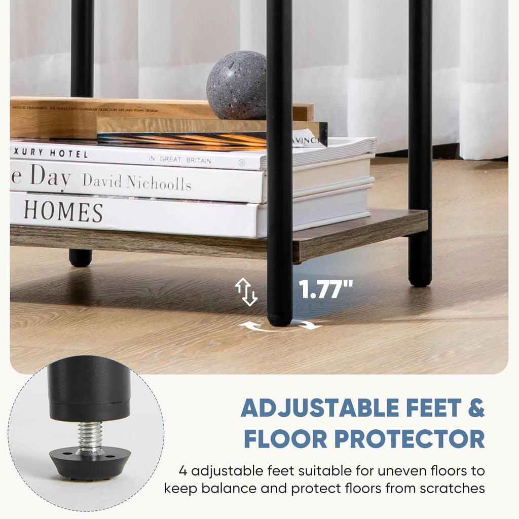 OLIXIS End Table, Small Side Table for Small Spaces, 3 Tier Tall Bedside Table with Open Shelf and Adjustable Feet for Living Room, Bedroom, Office, Dorm, Apartment, Oak Grey
