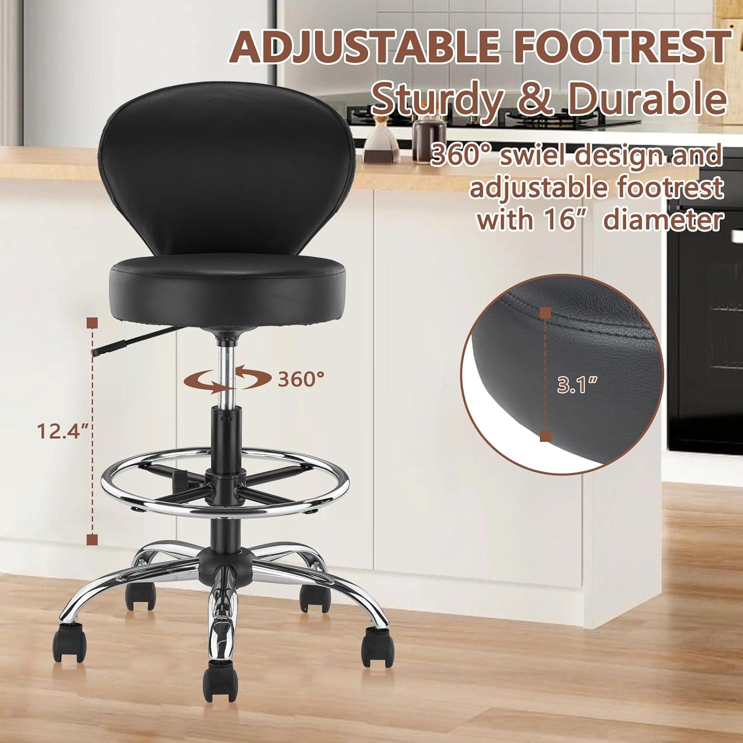 KLASIKA Black PVC Faux Leather Drafting Chair Rolling Swivel Salon Stool Seat Adjustable Height 36 Inch with Back Support Foot Rest Hydraulic Wide Seat for Tattoo Beauty Barber Lash 1Pack